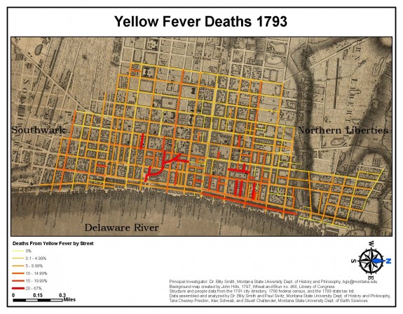 This map indicates the areas of Philadelphia most affected by Yellow Fever in 1793